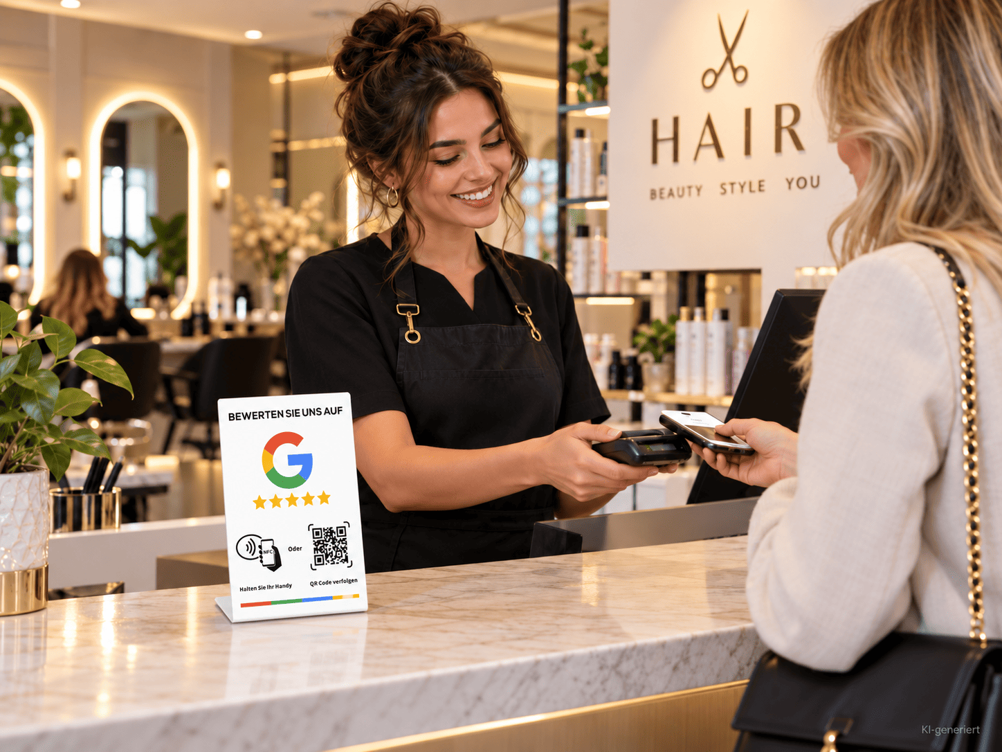 Lassen Sie Ihren Friseursalon bewerten. Friseursalon mit Google-Bewertungsaufsteller, Kundin beim Bezahlen und NFC- beziehungsweise QR-Code-Bewertung direkt an der Rezeption.