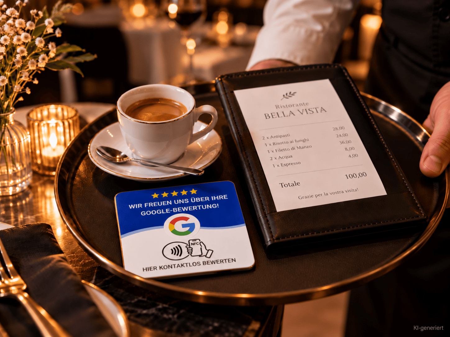 Lassen Sie sich im Restaurant bewerten Luxuriöse Restaurant-Szene mit Tablett, Espresso, Rechnung und quadratischem NFC-Aufsteller für Google-Bewertungen.